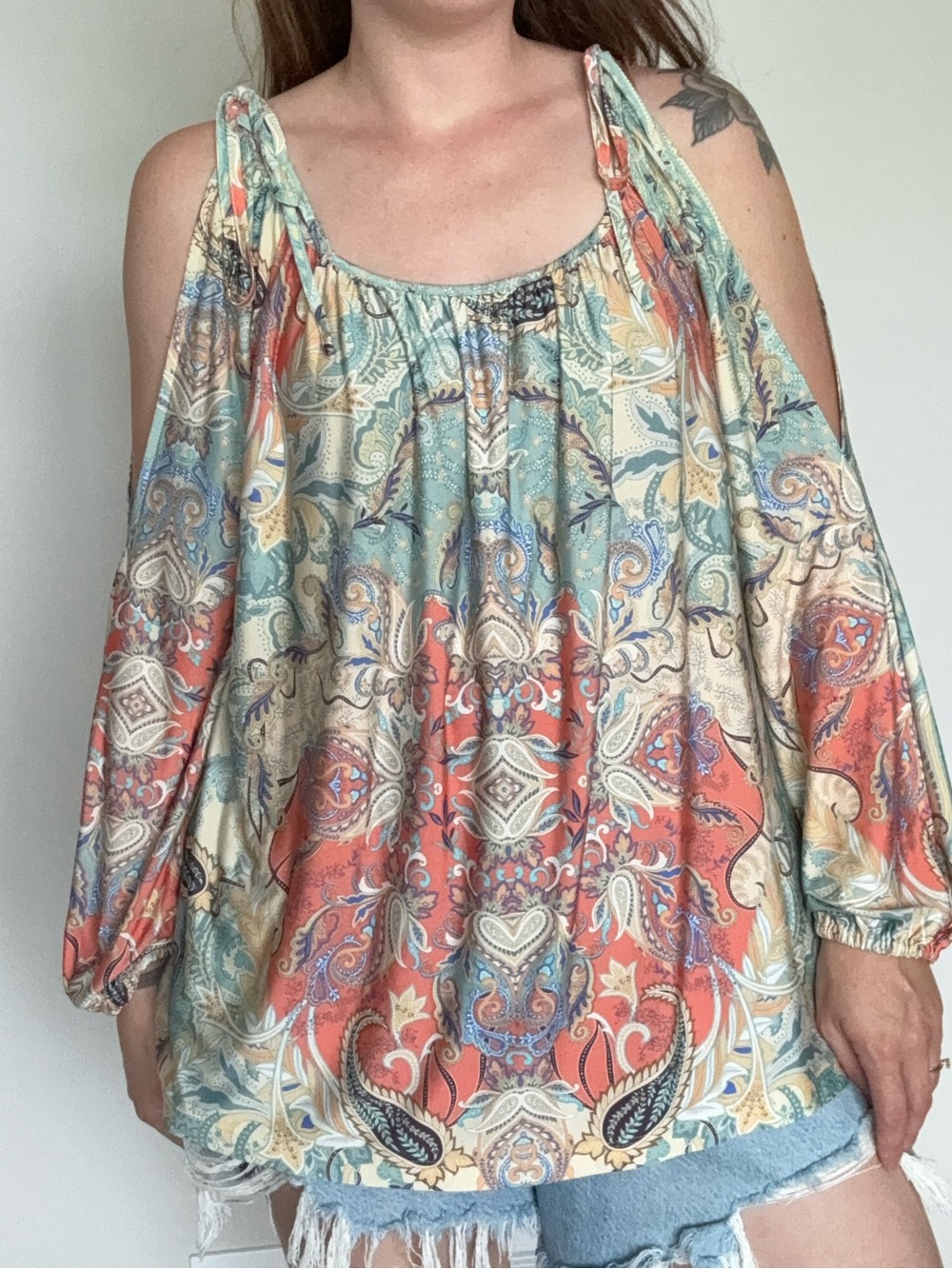 Boston Proper M Paisley Cold Shoulder Blouse Boho Flowy Top Vibrant Print